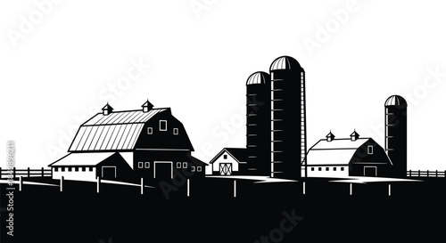 Black and white silhouette graphic of a classic American farmstead featuring barns and tall silos against white