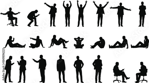 Business people silhouette collection showing sitting standing pointing celebrating gestures isolated on white background for corporate office teamwork design concepts