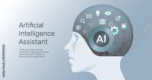 AI Assistant with Woman Head, Artificial intelligence AI brain, Agentic AI Workflow, AI Driven Automation Technology, Futuristic Technology Concept.
