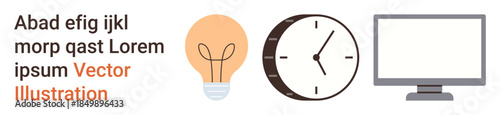 Time management, work productivity, creativity, innovation, technology, scheduling. Lightbulb, analog clock and computer monitor are . Time management and work productivity concept