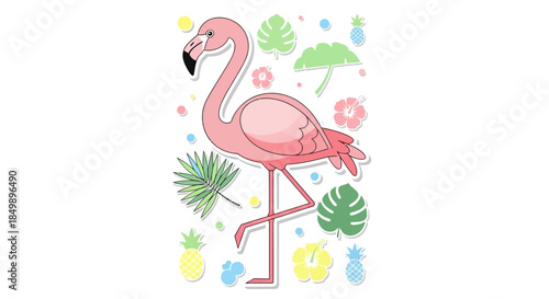 Cute and colorful cartoon flamingo surrounded by tropical plants and fruits