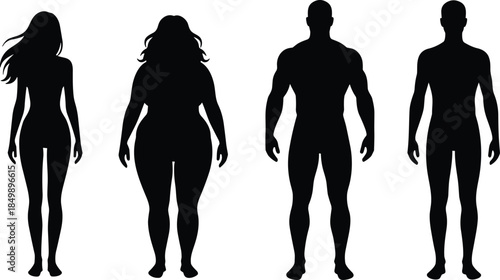 Male and female body type silhouettes showing different human shapes proportions anatomy isolated on white background for fitness health design concepts