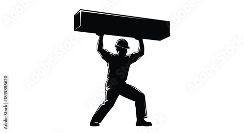 Silhouette of construction worker wearing hard hat lifting heavy steel beam above his head powerfully