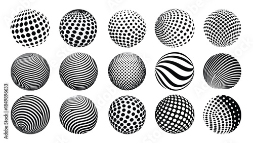 A set of distinct halftone patterns illustrating a variety of styles and textures, available in monochrome and colorful options..eps