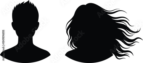 Male and female head silhouette profiles showing hairstyle shapes anonymous identity portraits isolated on white background for avatar profile design concepts