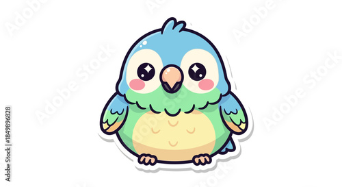 Cute cartoon baby bird with big sparkling eyes, pastel colors, and expressive adorable character