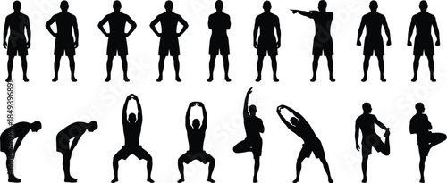 Male athlete silhouette collection showing standing poses stretching warm up exercises isolated on white background for fitness sports training design concepts