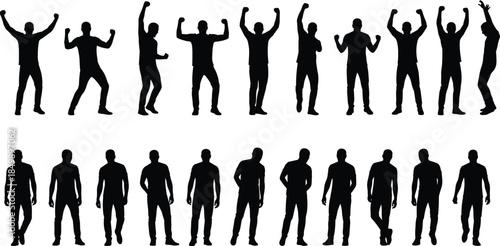 Male silhouettes collection showing standing casual and victory poses strong body gestures men vector illustration isolated white background