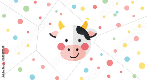 Cute cartoon cow character with a cheerful expression surrounded by colorful confetti