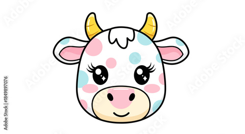 Cute cartoon cow character with expressive eyes and playful pastel coloring ideal for children's