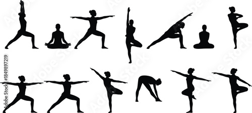 Yoga and meditation female silhouette set showing balance flexibility stretching poses isolated on white background for wellness fitness mindfulness designs