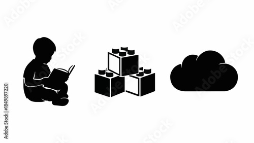 A child reading a book, building blocks, and a cloud icon representing learning, creativity, and digital storage
