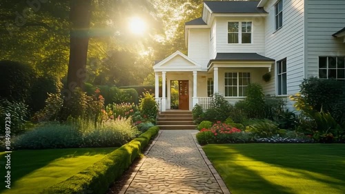 Elegant house with lush garden pathway and sunlight