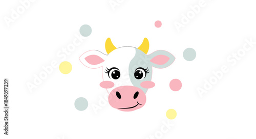 Cute cartoon cow face surrounded by colorful polka dots with playful expression
