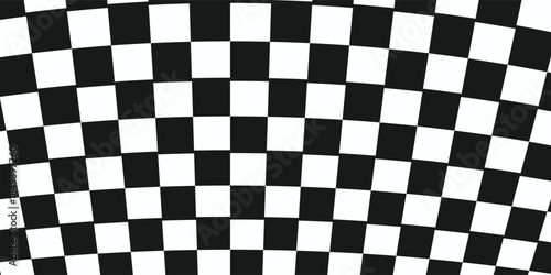 Trippy checkerboard background. Retro psychedelic checkered wallpaper. Wavy groovy chessboard surface. Distorted geometric grid chess pattern. Abstract black and white race. Vector