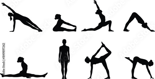 Yoga fitness silhouettes set showing women practicing stretching balance meditation workout poses vector illustration isolated on white background