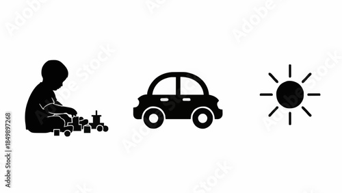 Icons representing childhood activities a child playing, a toy car, and the sun symbol
