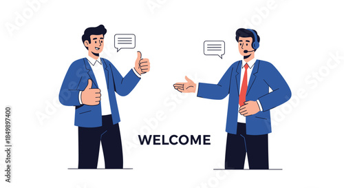 Customer service concept illustration with a client giving a thumbs up to a call center agent wearing a headset, with a welcome sign.