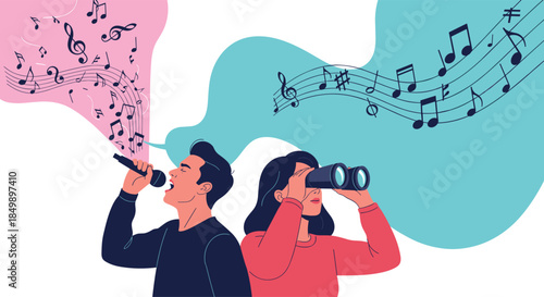 Man singing into a microphone with musical notes coming out and a woman looking through binoculars at other music notes.