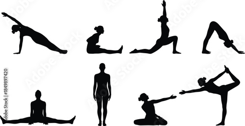 Yoga poses silhouettes set featuring women practicing fitness stretching balance meditation workout vector illustration isolated white background collection