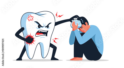 Concept illustration of a man suffering from a toothache, with a large, angry cartoon tooth punching him in the head.