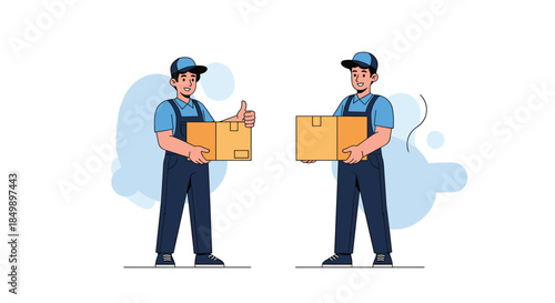 Set of two delivery men in blue uniforms and caps, one holding a cardboard box and giving a thumbs up, the other carrying a box.