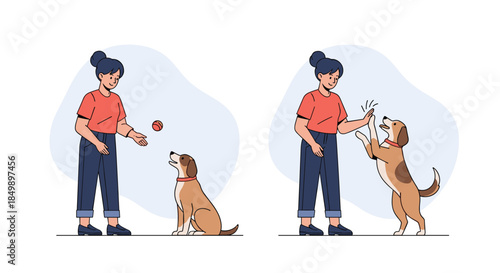 Two-panel illustration showing a woman training her dog, first by tossing a ball and second by giving a high five for good behavior.