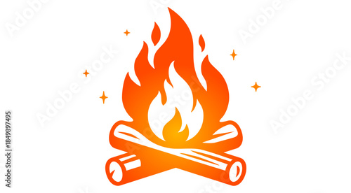 Fire, flame, bonfire. Flame fire icon, abstract style on white background. Flat burn fire symbol, bonfire sign, flame campfire emoji. Camping fireball minimal graphic style. Illustration