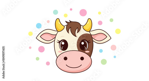 Adorable cartoon cow head with colorful polka dots and cheerful expression perfect for children or