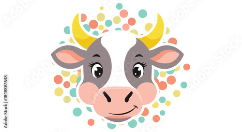 Adorable cartoon cow in a colorful design with playful expression and vibrant background elements