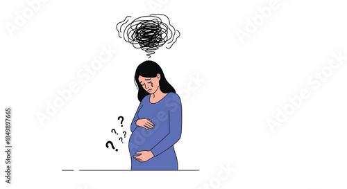Sad and worried pregnant woman crying, with a tangled scribble cloud and question marks illustrating prenatal depression or anxiety.