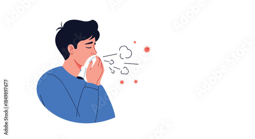 Illustration of a young man sneezing into a tissue, with virus particles spreading in the air, representing cold, flu, or allergy.