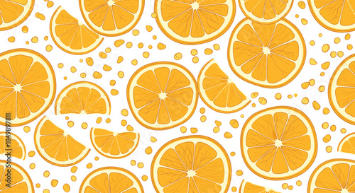 Seamless repeating pattern of bright orange slices and wedges on a white background, perfect for a fresh, fruity design.