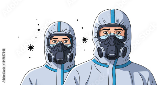 Pixel art style illustration of two healthcare workers wearing full hazmat suits and respirator masks during a viral outbreak.