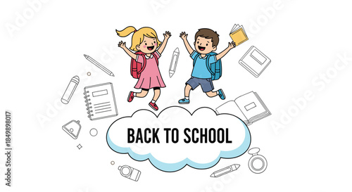 Happy children with backpacks jumping in front of a cloud with the text back to school, surrounded by school supply doodles.