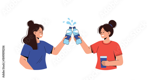 Two happy young women in athletic wear toasting with water bottles, promoting hydration and friendship during a workout.