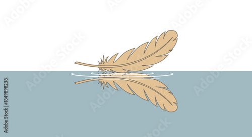 Calm feather floating on water surface with reflection, tranquil nature scene emphasizing serenity