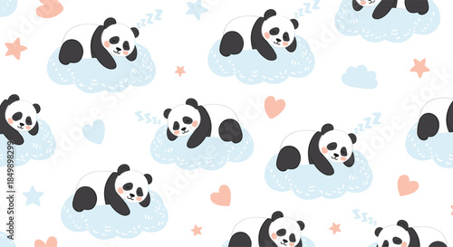Seamless pattern with cute panda bears sleeping on fluffy blue clouds, surrounded by pink and blue hearts and stars.