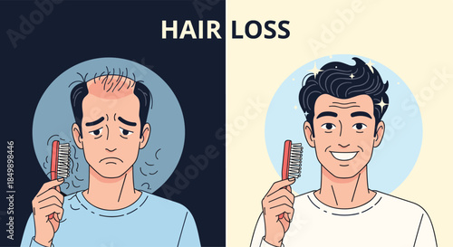 Before and after comparison showing a man's transition from sadness due to hair loss to happiness with a full head of hair.