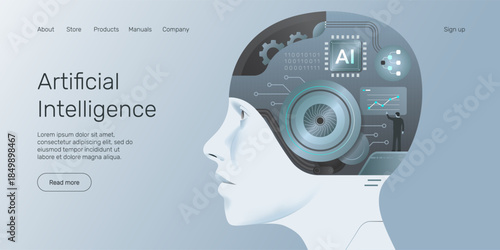Web banner AI humanoid head side view, AI microchip brain, technology, machine learning, neural network, Artificial Intelligence (AI) landing page concept.
