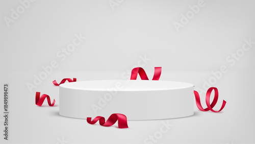 Bright room with podium and red ribbons. Vector 3d illustration