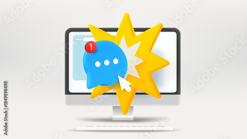 Speech cloud on modern monitor. Vector 3d editorial illustration