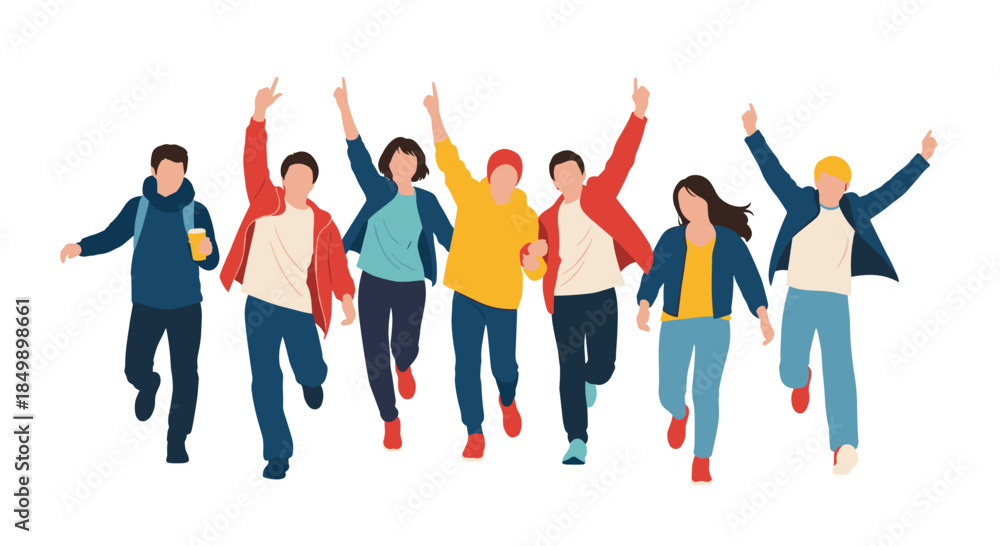 Obraz premium Group of happy and diverse young students or friends running forward together with their arms raised in celebration or excitement.