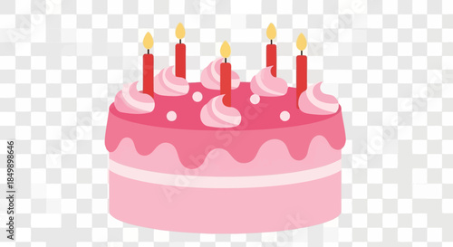 Celebratory pink birthday cake with five lit candles for special occasion