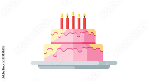 Celebration of a Birthday with a Pink and Yellow Layered Cake Featuring Five Candles on a White