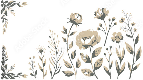 Muted botanical elements with elegant flowers and leaves arranged on a white background