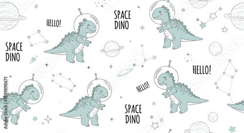 Seamless pattern for kids with cute hand-drawn space dinosaurs in astronaut helmets, surrounded by planets and constellations.