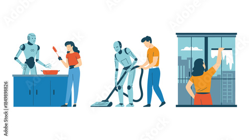 Robots and people collaborate on various household chores including cooking, vacuuming, and window cleaning
