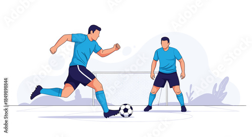 Two male soccer players in blue uniforms competing for the ball on a field in front of the goal during a match.