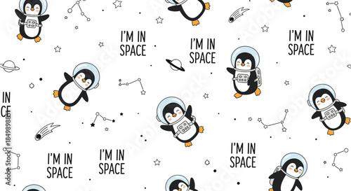Seamless pattern with cute cartoon penguins wearing astronaut helmets floating in space among stars and constellations.